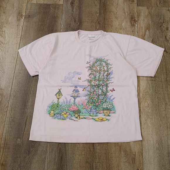 Bobbie Brooks Tops - Bobbie Brooks Vintage Garden Graphic T-Shirt Pink Cottagecore Floral Birdhouse L